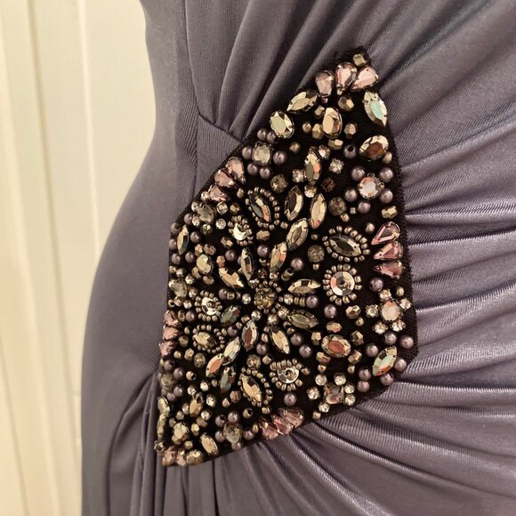 Cachet silver bodycon evening dress with rouching and embellishments. Size 4 - Picture 2 of 6